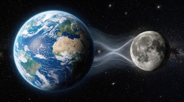 Planet Earth and the Moon showing lunar axial stabilization, demonstrating rare gravitational tidal force interaction, protecting global climate from chaotic orbital tilt swings in deep space.