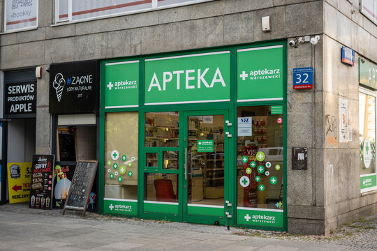 Warsaw, Poland-August 12, 2026. Photo of a local pharmacy store at a street of the city.