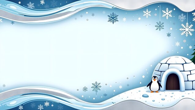 Winter holiday frame with cute penguin and igloo, snowy border background for Christmas.