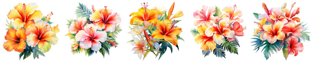 Fototapeta premium Watercolor arrangements of tropical hibiscus and lilies with vibrant colors on a black backdrop