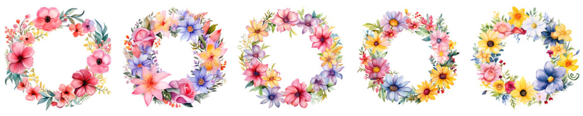 Fototapeta premium Elegant floral wreath collection with colorful flowers and leaves for wedding invitations