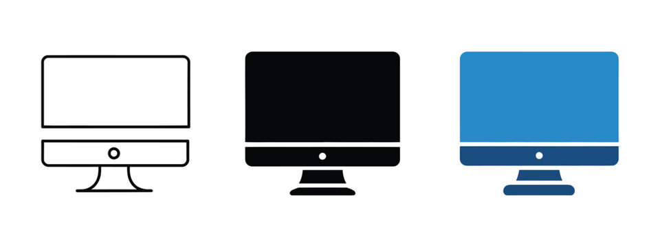 Minimalist desktop computer icon set vector for technology, IT, and office UI, flat monitor symbols with outline and solid styles for web and app design.