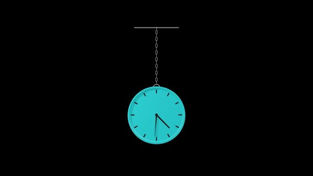 Bright cyan wall clock swinging motion loop suspended on vertical chain isolated on black background