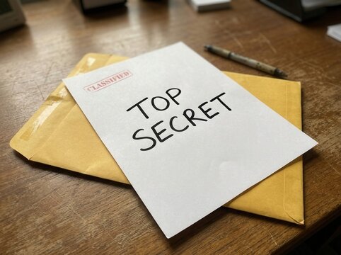 Top Secret Document And Classified Envelope On A Wooden Desk