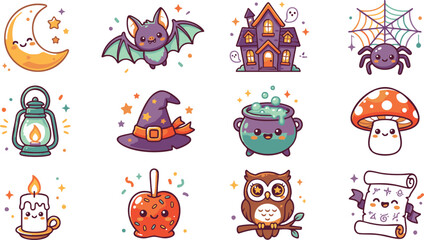 Fototapeta premium Set of cute hand drawn watercolor halloween icons featuring ghosts bats pumpkins and spooky haunted house elements