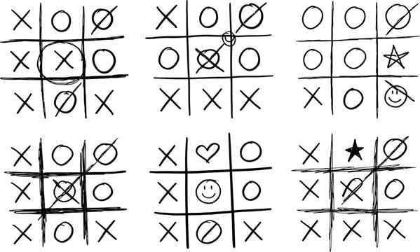 Six tic tac toe games with hand drawn X and O symbols and doodles on white background