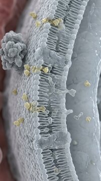 Endothelial lipid bilayer cross section showing lipid soluble permeation, small lipophilic molecules dissolving across blood brain barrier membrane, selective neurovascular diffusion mechanism.