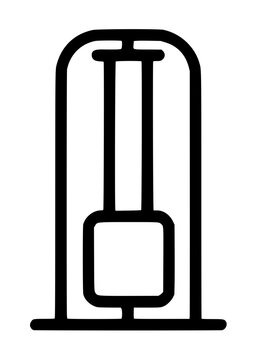 Hand-drawn black outline vector illustration icon of a single cable elevator column with suspended carriage and arched rooftop, isolated on white background, minimalist industrial pictogram