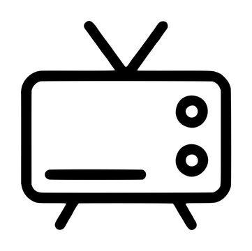 Minimalist hand-drawn television receiver vector icon, black outline illustration featuring classic vintage TV set with V-shaped antenna and two circular dials on retro broadcast device design