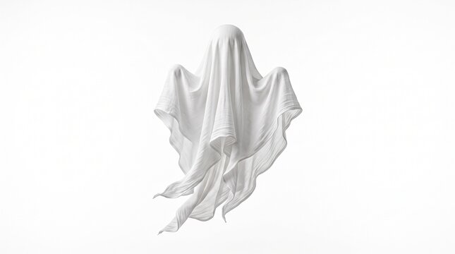 White sheet ghost floating on white background