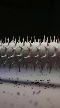 Vertical video: Rotating spiked roller showing hex panels on table, clip starting, showing dust