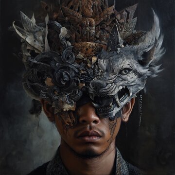 Mystical portrait of a man adorned with an elaborate wolf mask and headpiece