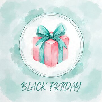 Watercolor painting of a gift with ribbon for black friday sales and promotions