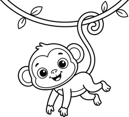 A cute little monkey hanging from a jungle vine illustration for children coloring book page with simple black and white lines © Bilkis
