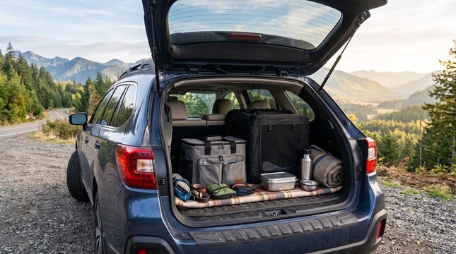 Adventure SUV with open trunk packed for camping. Blue crossover vehicle loaded with gear for a road trip. Outdoor travel car in mountain landscape. isolated on White Background