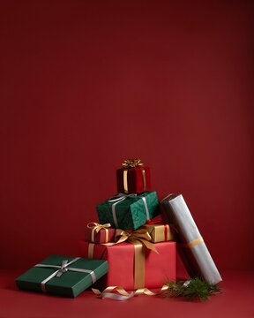Festive pile of beautifully wrapped gifts against a rich red background