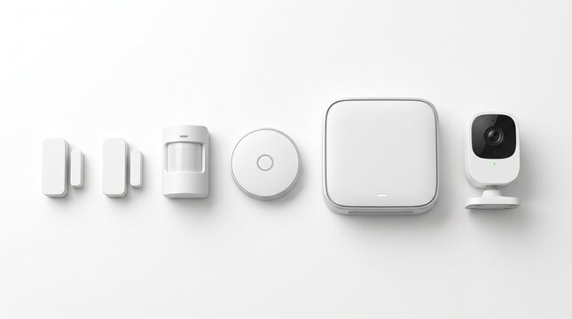 Smart home security system kit, wireless motion sensors and surveillance camera, modern white automation hardware for house protection isolated on White Background