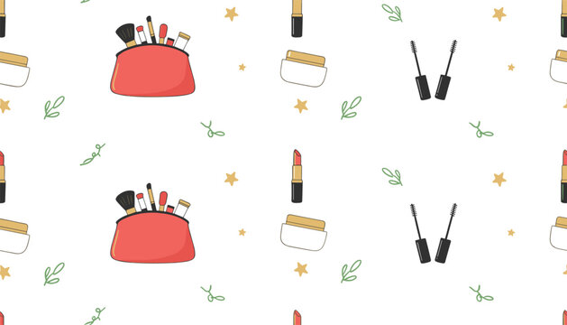 Seamless cosmetic pattern showing makeup pouch, lipstick, mascara, and stars on clean white background.