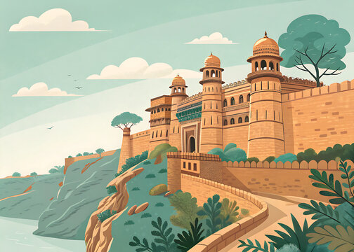 Gwalior Fort   dramatic hilltop fortress with sandstone walls and palace structures, modern premium vector illustration