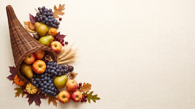 Abundant harvest cornucopia overflowing with colorful autumn fruits grapes apples pears and decorative leaves on neutral textured background with copyspace.