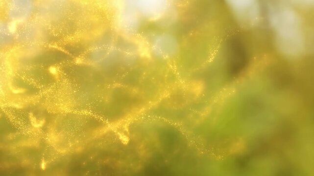 Golden light particles drift through a soft defocused atmospheric field. Website hero sections, meditation content, and celebration graphics.