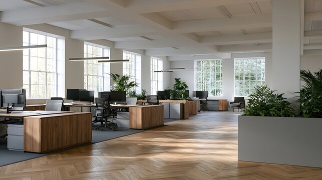 Modern open plan office with wooden desks  large   and indoor plants under bright natural light