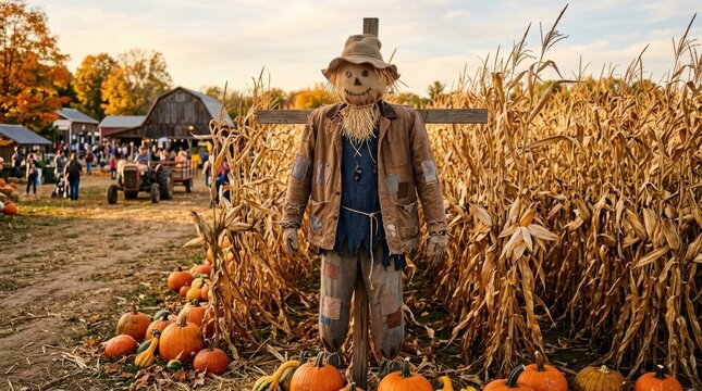 Scarecrow standing in a cornfield at an autumn farm festival. Traditional harvest decoration with pumpkins and a rustic barn background