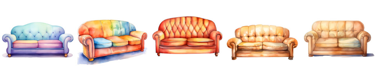Obraz premium Watercolor illustration of five different styles of vintage sofas with a black backdrop