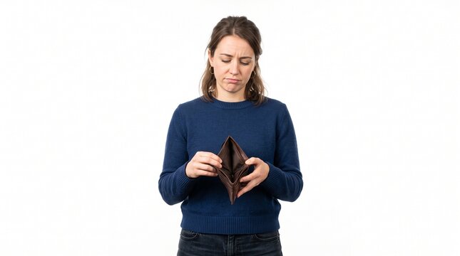 Young Woman Looking Disappointed Holding Empty Wallet Showing Financial Hardship and Debt