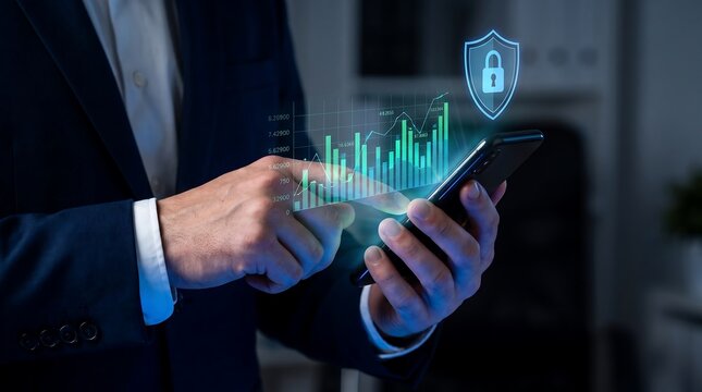 Businessman using smartphone to analyze digital financial growth charts available as a high quality jpeg image