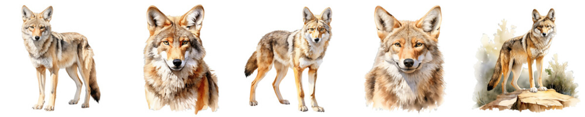 Obraz premium Collection of watercolor illustrations depicting coyotes in various poses on a black background