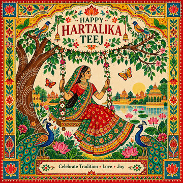 Happy Hartalika Teej | Traditional Indian Festival Greeting Design | Teej Celebration Poster
