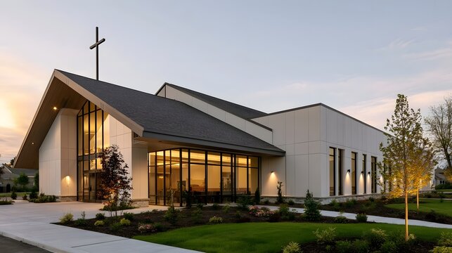 Modern church building with large glass   cross on roof  and landscaped grounds under soft evening light