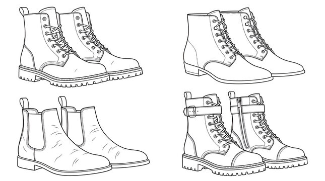 Line Art Vector Illustrations of Leather Ankle and Combat Boots on White Background