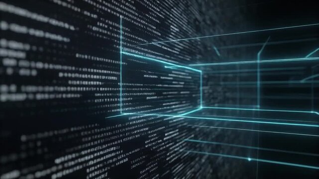 Digital data stream flowing through futuristic glowing neon cyberspace