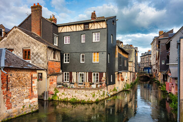 Pont-Audemer on the River Risle, Normandy, France, picturesque market town with timber-framed houses. © daliu