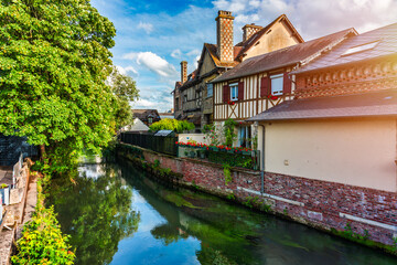 Pont-Audemer on the River Risle, Normandy, France, picturesque market town with timber-framed houses. © daliu