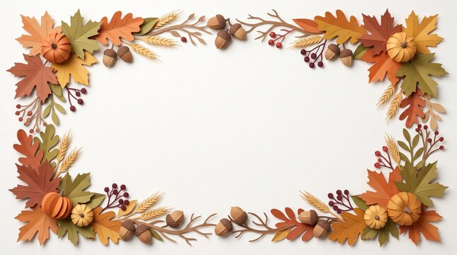 A beautiful autumnal frame featuring vibrant colorful leaves plump pumpkins and delicate berries forming a seasonal border on a clean white background