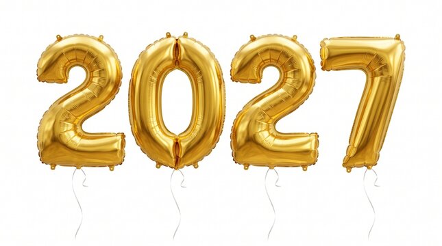 Golden 2027 number balloons floating against a white background symbolizing the upcoming new year celebration