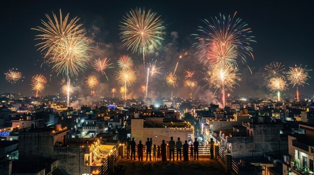 Colorful fireworks exploding over a city skyline at night. Silhouettes of people on a rooftop watching the Diwali festival celebration