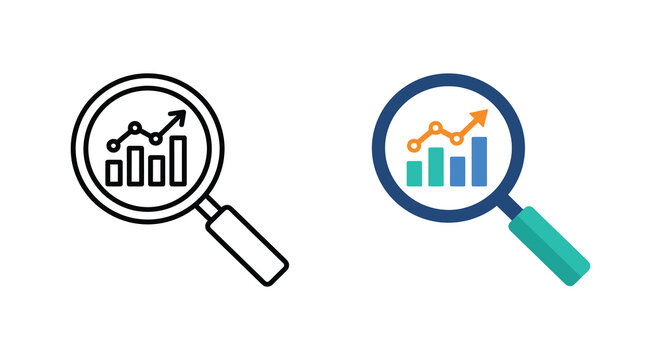 Magnifying glass with graph chart inside flat vector silhouette