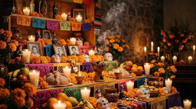 Multi-tiered Day of the Dead altar featuring framed photos, marigold flowers, and burning incense. Traditional Mexican ofrenda with pan de muerto, sugar skulls, and lit candles