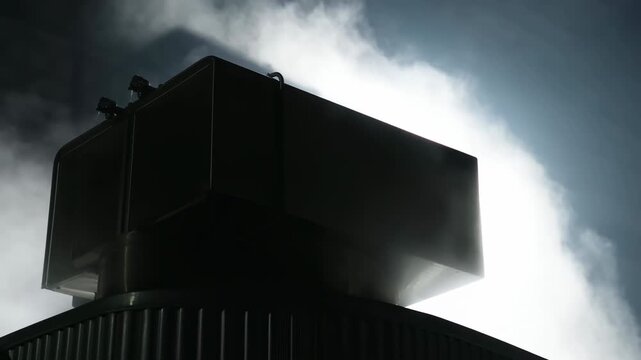 Large rooftop ventilation unit remains silhouetted above corrugated industrial structure while dense white vapor drifts behind it in strong backlight, viewed from a dramatic low angle
