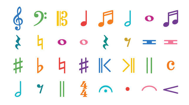 Colorful music notes, symbols and clefs on white background, education, art