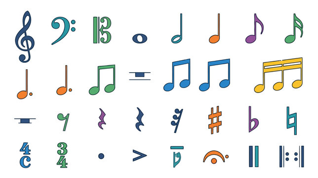 Colorful Musical Notation Symbols Collection: Notes, Clefs, Rests, and Rhythms