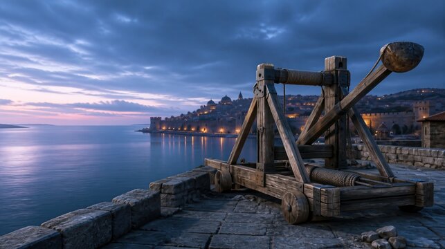 Medieval Wooden Catapult on City Walls Overlooking the Sea at Twilight