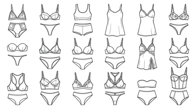 Minimalist Black Line Art Collection of Women's Lingerie and Underwear Sets on White Background
