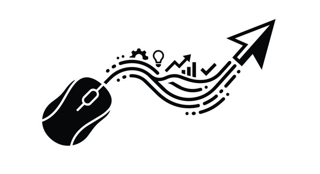 Computer mouse connecting to a rising cursor arrow with icons representing digital growth computer business marketing technology internet strategy