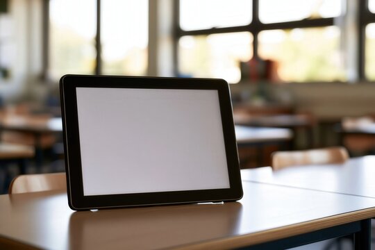 Tablet computer on a desk in a classroom