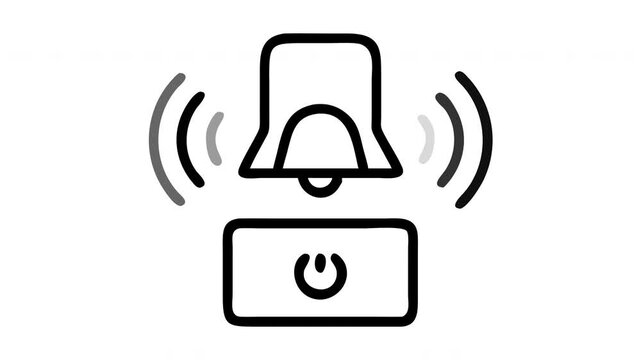 Animated notification bell icon with a power button indicator for digital interface alerts